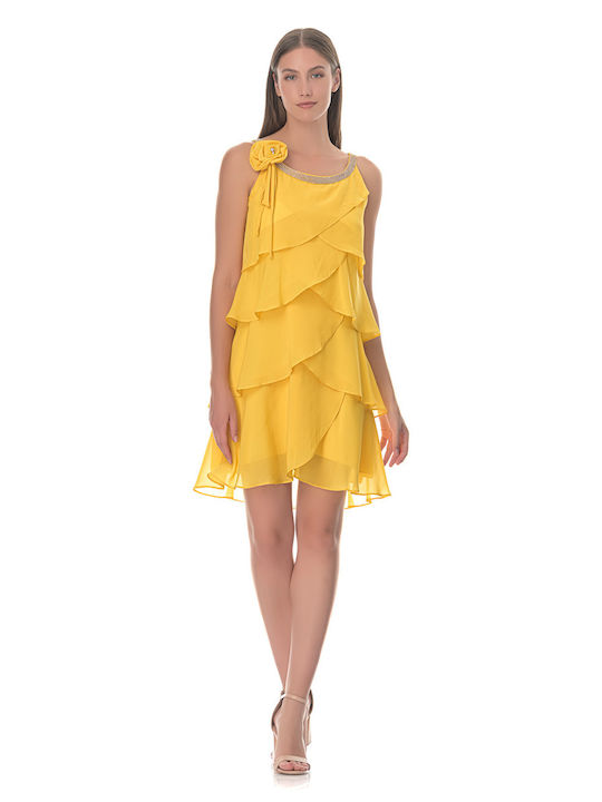 Farmaki Καλοκαιρινό Mini Βραδινό Φόρεμα με Βολάν Κίτρινο