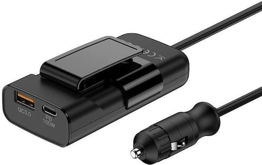 Budi Qc 3.0 Schwarzer 050649 Handy-Autoladegerät 105W 3A Schnellladen mit Anschlüssen: 1xUSB-A 1xType-C Eingebettetes Kabel Schwarz Farbe