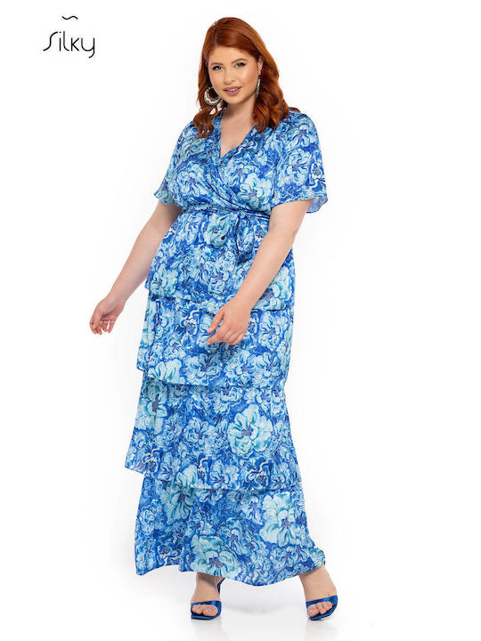 Silky Collection Summer Maxi Dress with Ruffle Blue