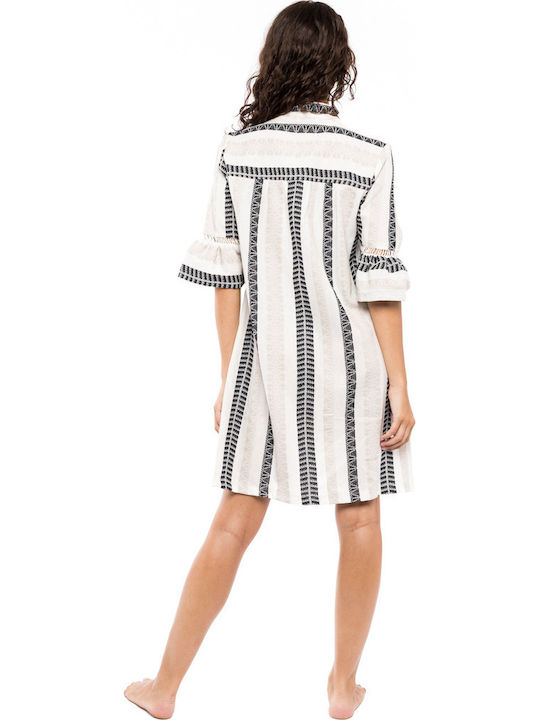 Pink Label Γυναικείο Κοντό Καφτάνι Παραλίας Beige, Black
