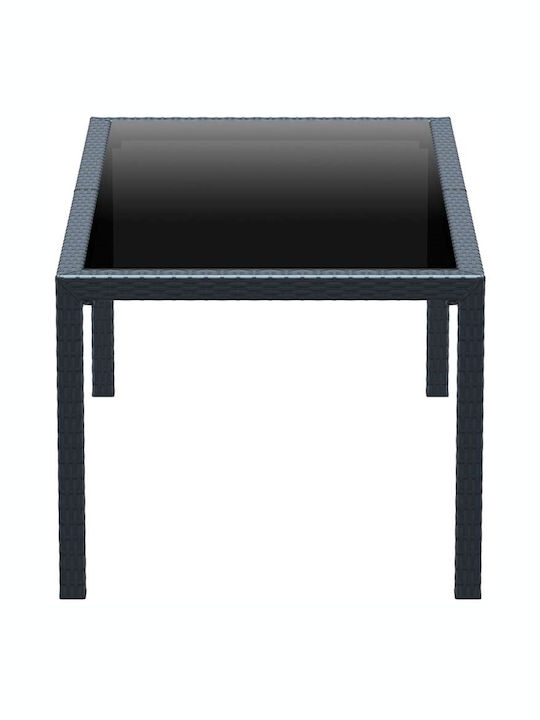 Tahiti Outdoor Dinner Free Standing Table with Glass Surface and Rattan Frame Gray 180x94x75cm