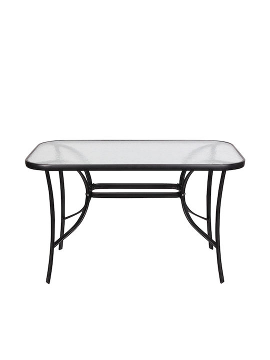 Outdoor Dinner Free Standing Table with Glass Surface and Metal Frame Black 120x70x72cm