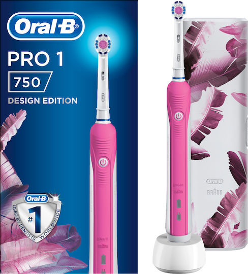 Oral-B Pro 1 750 Design Edition Elektrische Zahnbürste mit Timer, Drucksensor und Reisetasche Rosa