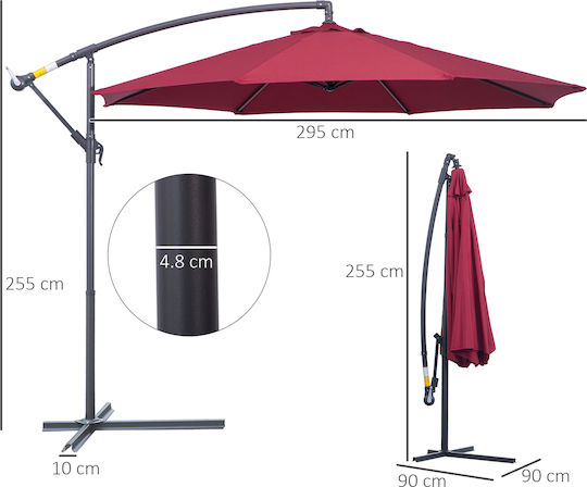 Hanging Circular Garden Parasol with Burgundy Metal Frame Diameter 3xHeight 2.6m