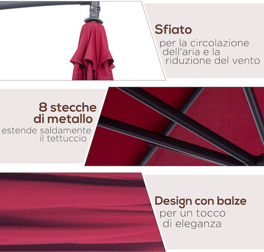 Hanging Circular Garden Parasol with Burgundy Metal Frame Diameter 3xHeight 2.6m
