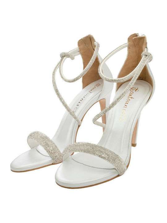 Divide Leather Women's Sandals with Strass White Perla with Thin High Heel