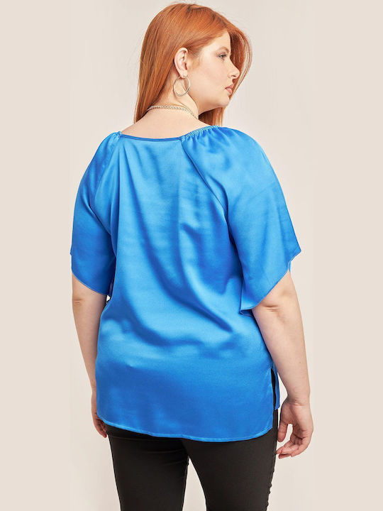 Women's Summer Blouse Satin Short Sleeve with V Neckline Blue