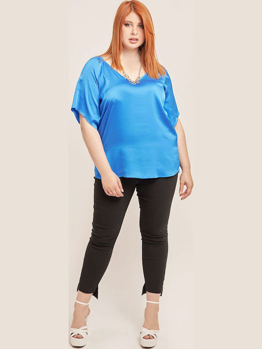 Women's Summer Blouse Satin Short Sleeve with V Neckline Blue