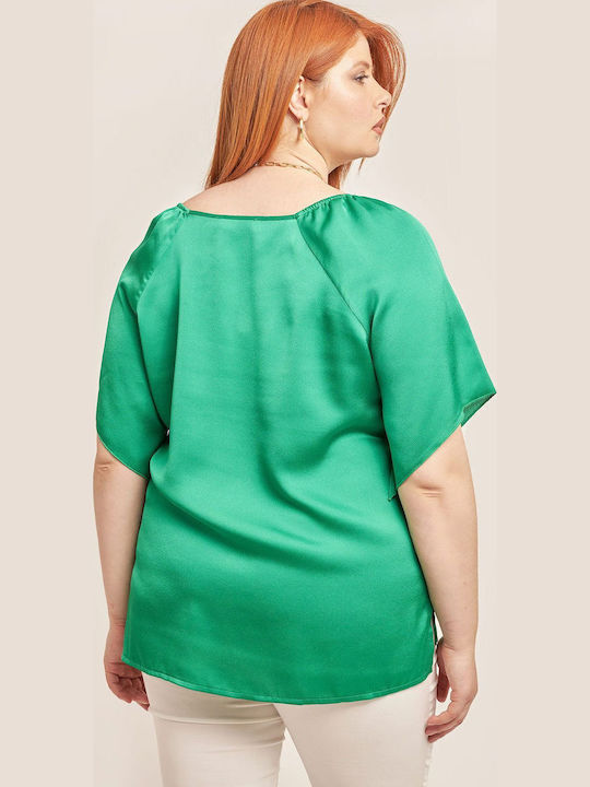Women's Summer Blouse Satin Short Sleeve with V Neckline Green