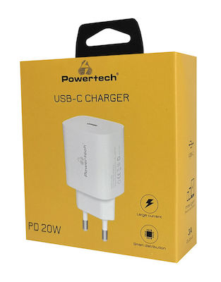 Powertech Charger Without Cable with USB-C Port 20W Power Delivery Whites (PT-1091)