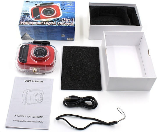 Lamtech 2in1 Action Camera Full HD (1080p) Underwater (with Case) with Screen 2" Red