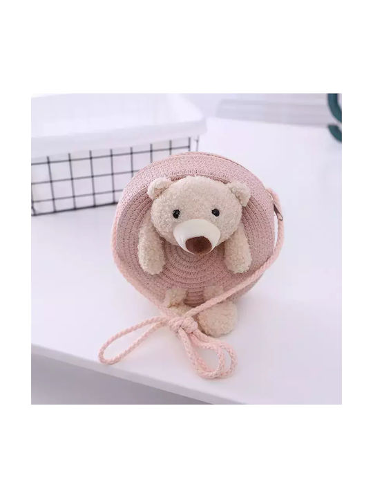 Children's straw shoulder bag with teddy bear in pink for girl