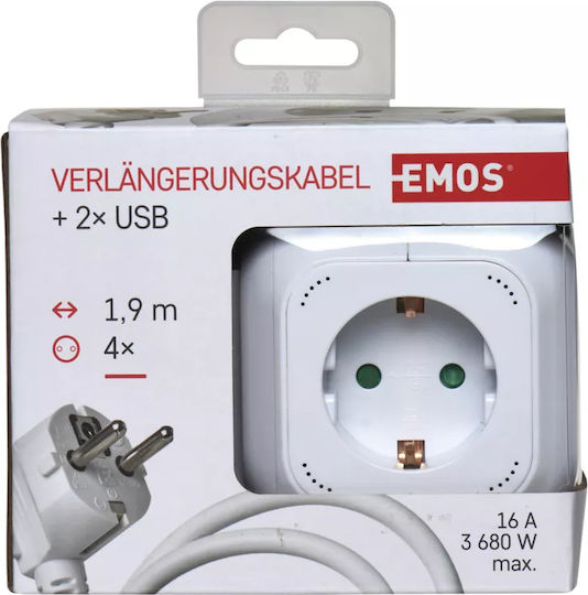 Emos PowerCube 4 Θέσεων με 2 USB-A και Καλώδιο 1.9m