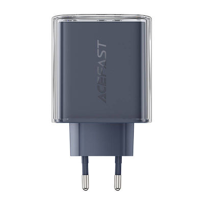 Acefast Ladegerät ohne Kabel GaN mit USB-A Anschluss und 2 USB-C Anschlüsse 65W Stromlieferung / Schnellaufladung 3.0 Dark Gray (A45)