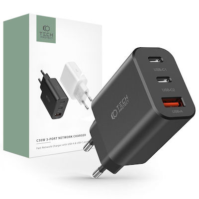 Tech-Protect mit USB-A Anschluss und 2 USB-C Anschlüssen Stromlieferung / Schnellaufladung 3.0 Schwarz (C30W)