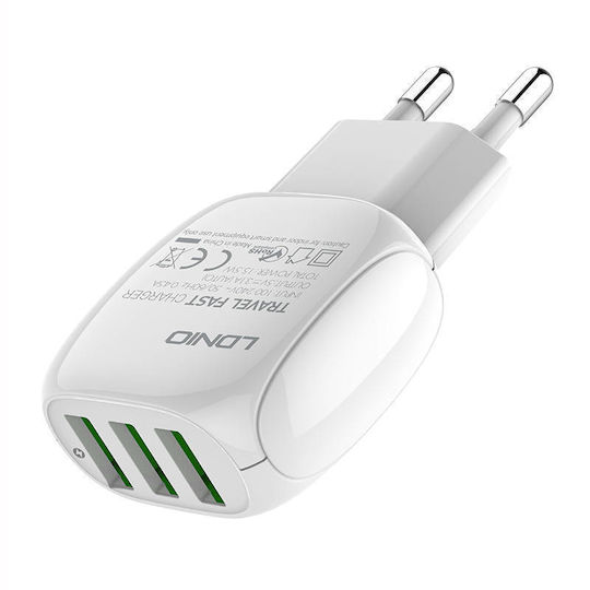 Ldnio Φορτιστής με 3 Θύρες USB-A και Καλώδιο micro USB Λευκός (A3315)