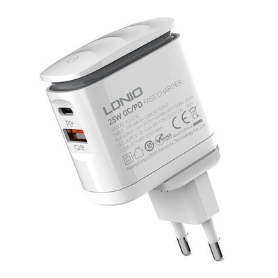 Ldnio Încărcător cu Port USB-A și Port USB-C și Cablu USB-C - Lightning 25W Livrarea energiei Albς (A2423C)