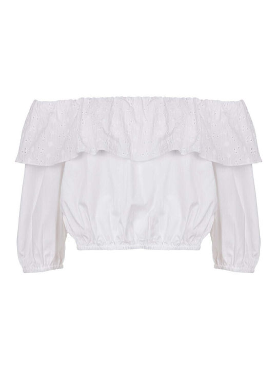 Women's Summer Crop Top with 3/4 Sleeve & Boat Neckline White