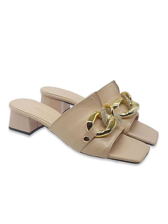 Leather Mules with Chunky Low Heel in Beige Color
