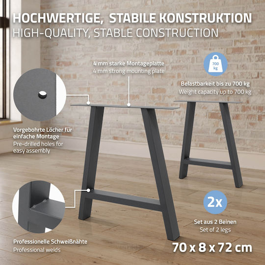 ECD Germany Adesign Metallisches Möbelbein 2Stücke Für Tisch / Beistelltisch / Büro 70x72cm Graue