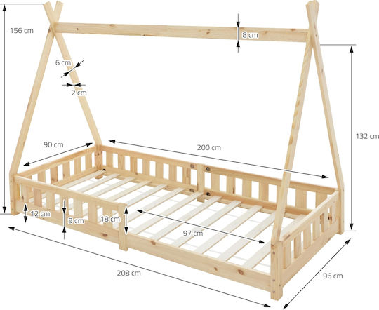 Pat pentru Copii Montessori Single Maro pentru Saltea 90x200cm