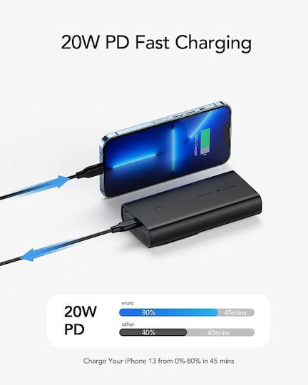 Vrurc ACE100 Power Bank 10000mAh 20W με 2 Θύρες USB-A και Θύρα USB-C Power Delivery / Quick Charge 3.0 Μαύρο