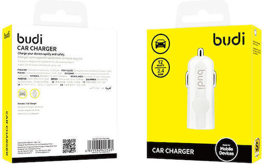 Budi Φορτιστής Αυτοκινήτου 12W 2.4A με μία Θύρα: 1xUSB Λευκός