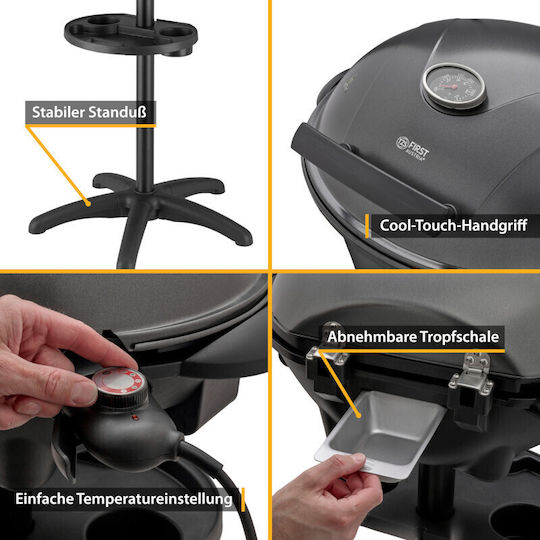 First Austria Fa53504 Electric Grill With Legs 2400W Grate Lid And Adjustable Thermostat 44x33.5cm