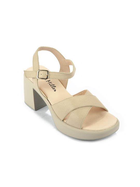 Fshoes Leder Damen Sandalen mit Chunky mittlerem Absatz in Beige Farbe