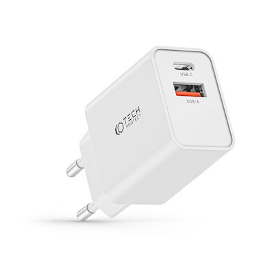 Tech-Protect Ladegerät ohne Kabel mit USB-A Anschluss und USB-C Anschluss Stromlieferung / Schnellaufladung 3.0 Weißs (NC30W)