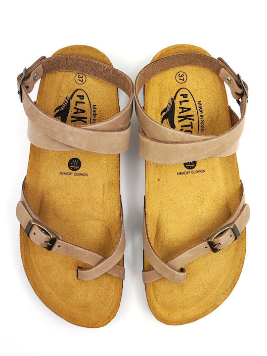 Bankog Leather Women's Flat Sandals Anatomic with Strap Taupe