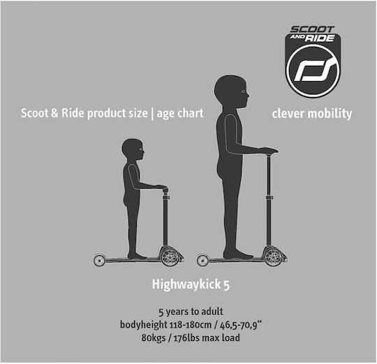 Scoot & Ride Kids Foldable Scooter Highwaykick 5 Led 3-Wheel for 5+ Years Blue