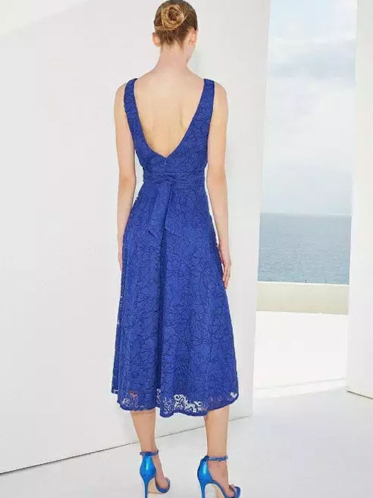 Desiree Summer Midi Evening Dress Open Back with Lace Blue