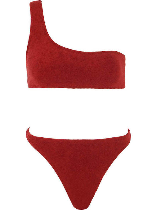 Terry Set Bikini Με Έναν Ώμο Μπορντό