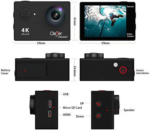 Clever V3 Action Camera 4K Ultra HD Underwater (with Case) and Wi-Fi Black