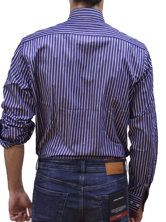 Long-sleeved Cotton Shirt Striped Navy Blue