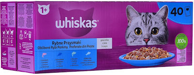 Whiskas Fish Favourites Υγρή Τροφή Γάτας σε Φακελάκι με Μπακαλιάρο / Σολομό / Τόνο / Ψάρια σε Ζελέ 85gr 40τμχ