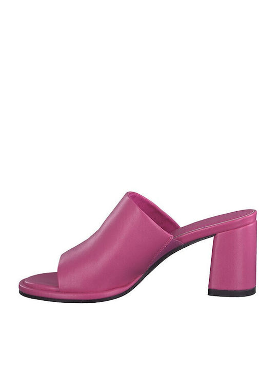 Leather Mules with Chunky High Heel in Fuchsia Color