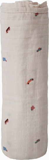 Mushie Retro Cars Muslin Swaddle Wrap Ecru 120x120cm.