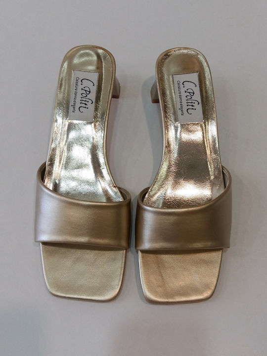 Leather Mules with Chunky Low Heel in Gold Color