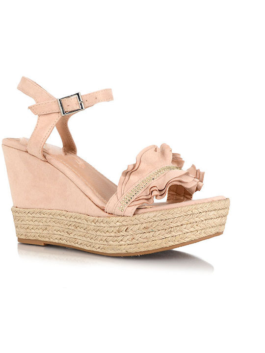 Malesa Women's Suede Ankle Strap Platforms Beige