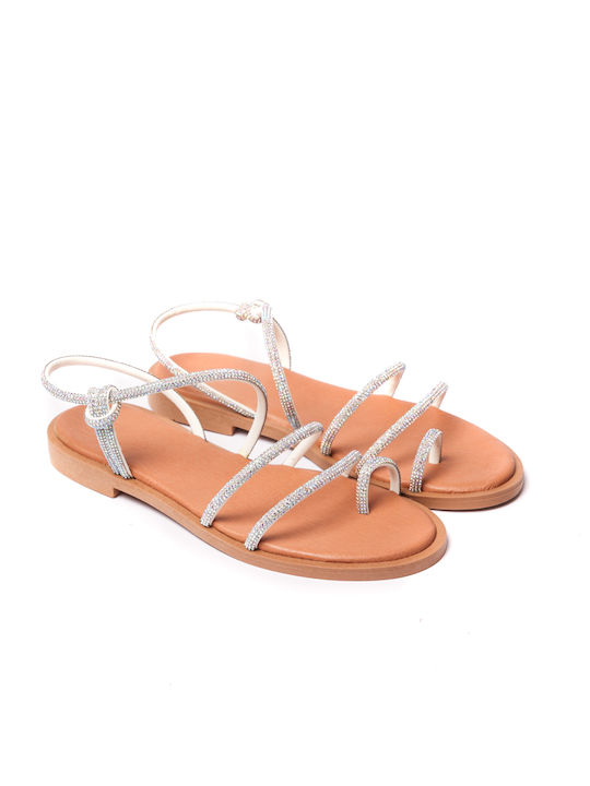 Malesa Leather Women's Flat Sandals in Silver Color