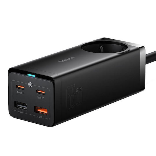 Baseus Βάση Φόρτισης GaN με 2 Θύρες USB-A και 2 Θύρες USB-C και Καλώδιο USB-C 65W Power Delivery / Quick Charge 4.0 / SuperCharge σε Μαύρο χρώμα (Gan3 Pro)