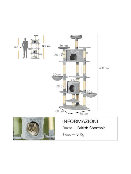 Pawhut Stâlp pentru zgâriat pisici Copaci pentru pisici Gri 60x60x200cm