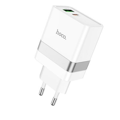 Hoco Φορτιστής με Θύρα USB-A και Θύρα USB-C και Καλώδιο USB-C - USB-C 30W Quick Charge 3.0 / Power Delivery Λευκός (N21 Starter)