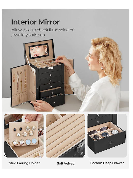 Songmics Jewellery Box Made of Faux Leather with Drawer & Black Mirror 26x15.6x32cm