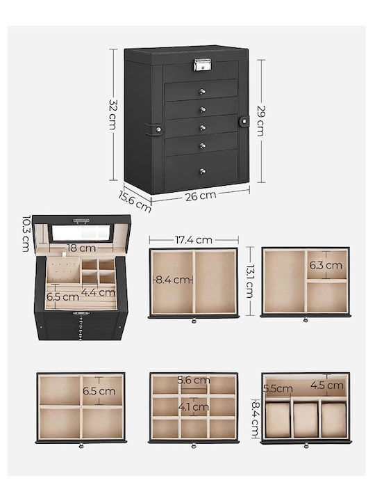 Songmics Jewellery Box Made of Faux Leather with Drawer & Black Mirror 26x15.6x32cm