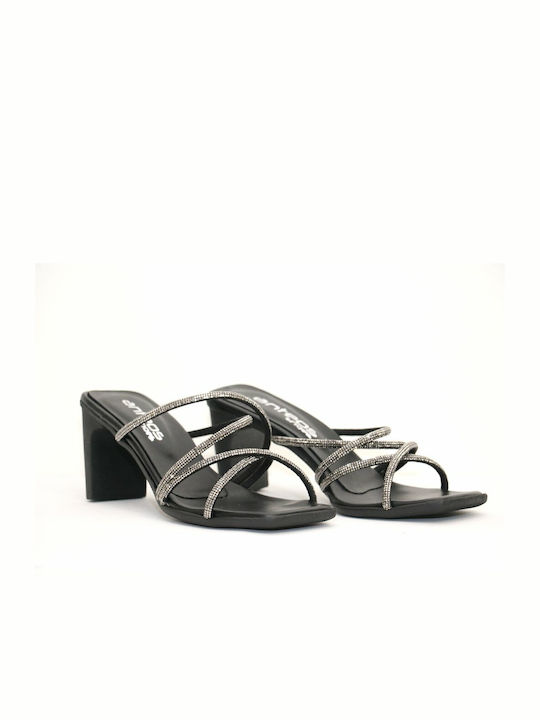 Anteos Leather Women's Sandals with Ankle Strap Black with Chunky Medium Heel