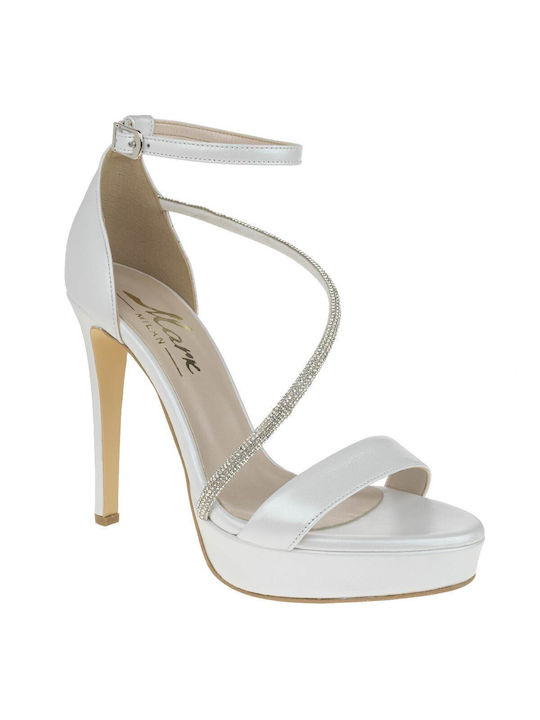 Mark Milan Leather Women's Sandals with Ankle Strap White with Thin High Heel 2000250502