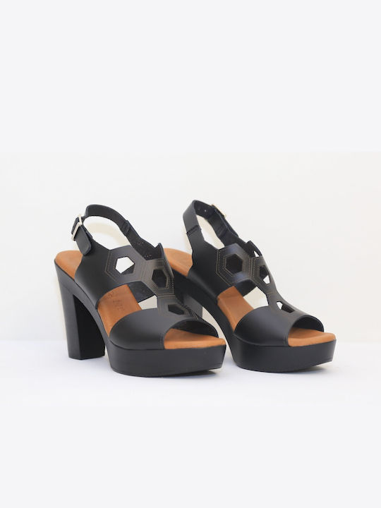 Raquel Perez Leather Women's Sandals Black with Chunky High Heel